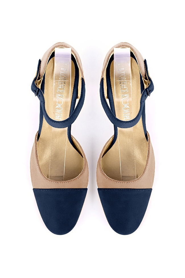 Women's navy blue and biscuit beige open side dress shoes, with an instep strap. Round toe. Medium block heels - Top view